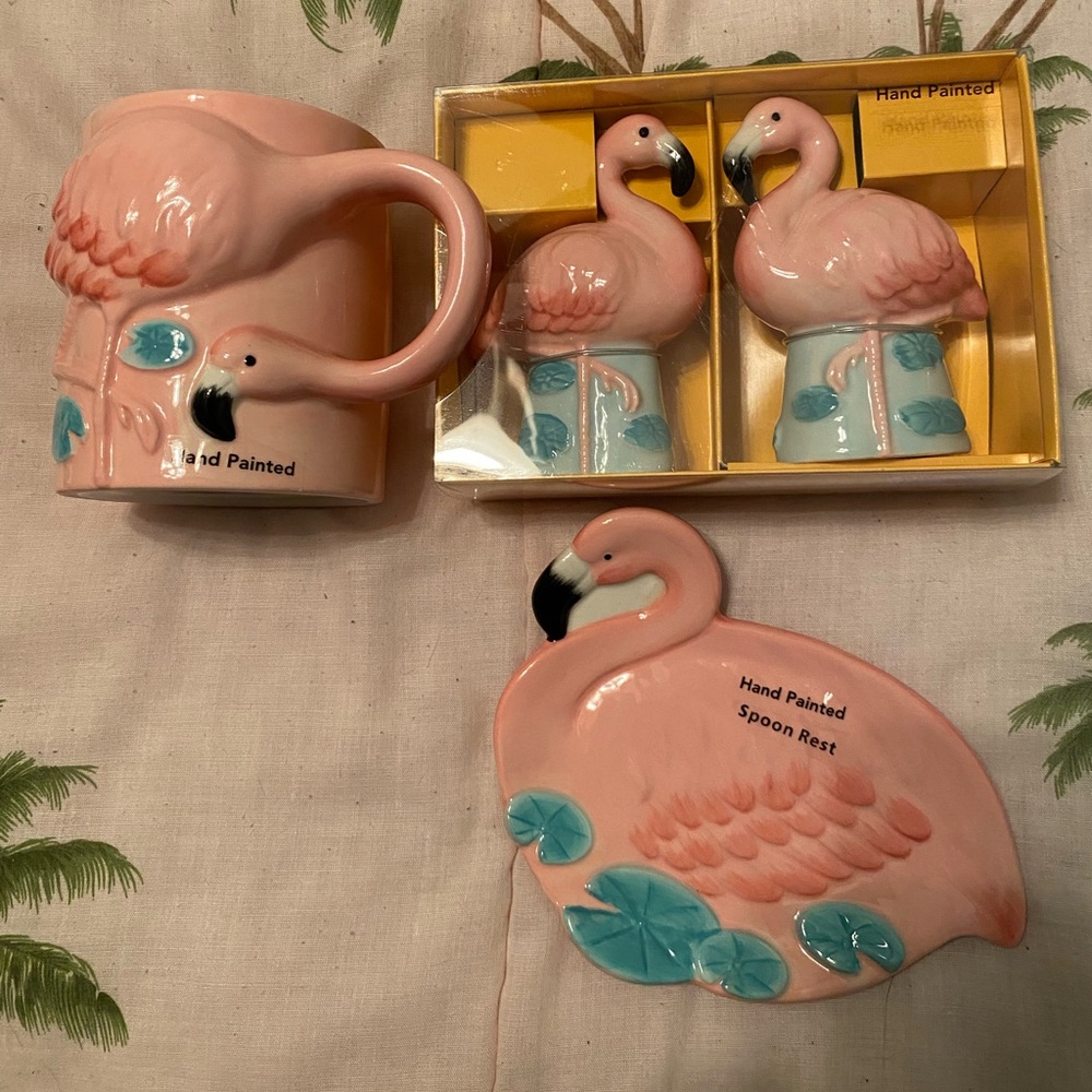 Hand Painted Flamingo Mug and Spoon Rest Set - Pink and Blue